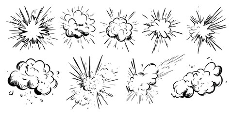 Hand drawn comic explosion smoke bursts set with dynamic motion lines explosive blast effect vector illustration black and white sketch doodle style