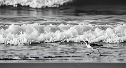 Monochrome Scene Of Shorebird Strolling Along Ocean's Edge Against Waves