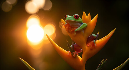 Red Eyed Tree Frog On Heliconia Flower In Tropical Rainforest