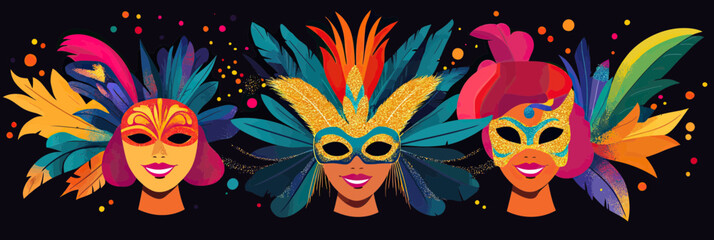 Colorful Brazilian Carnival Masks with Feathers and Glittering Costumes in Flat Vector Style for Festival or Party Celebration Concept Design