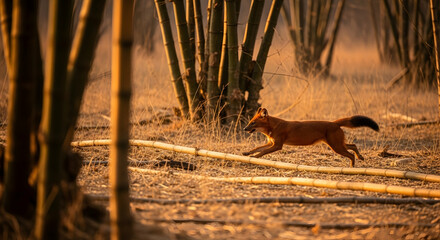 Indian Wild Dog Running Through Bamboo Forest At Golden Hour Light