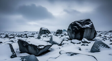 Solitary Boulders Scattered Across A Snowy Landscape Under Overcast Sky