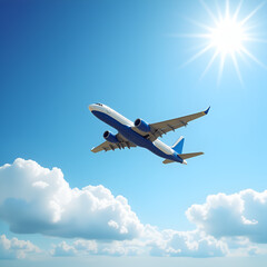 An airplane with blue and white livery is captured mid-flight against a clear blue sky with a bright sun.

