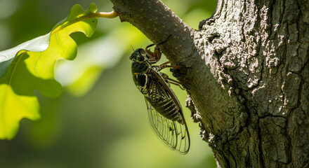 Cicada Resting On A Branch With Green Leaves In The Background
