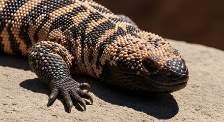 Gila Monster Portrait Resting on Sandstone Rock with Striking Pattern