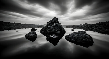 Still Waters Black And White Scenic Landscape With Rock Formations
