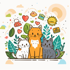Vector illustration in trendy flat simple linear style, cats and pets, funny mascots and cartoon characters, friendly stickers and badge for advertising, social media