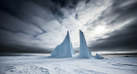Majestic Icebergs Piercing Through Frozen Expanse Under Dramatic Sky