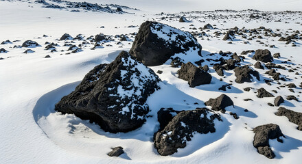 Contrasting Winter Scene Black Lava Rocks Embedded In Pure White Snow Landscape
