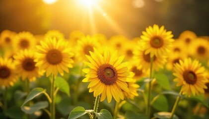 Obraz premium Vibrant sunflowers in full bloom, basking in the golden sunlight A stunning display of nature's beauty, perfect for summer themes and backgrounds , bloom, agriculture, blossom