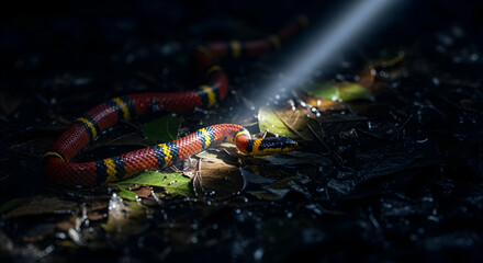 Elegant Coral Snake Coiled Under Forest Light On Wet Leaves