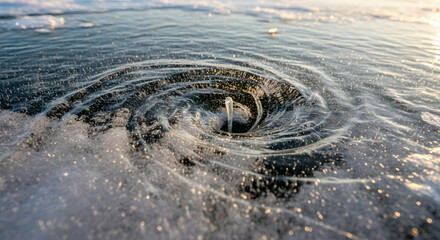 Frozen Dance of Nature Circular Pattern with Ice Formation and Water Swirl