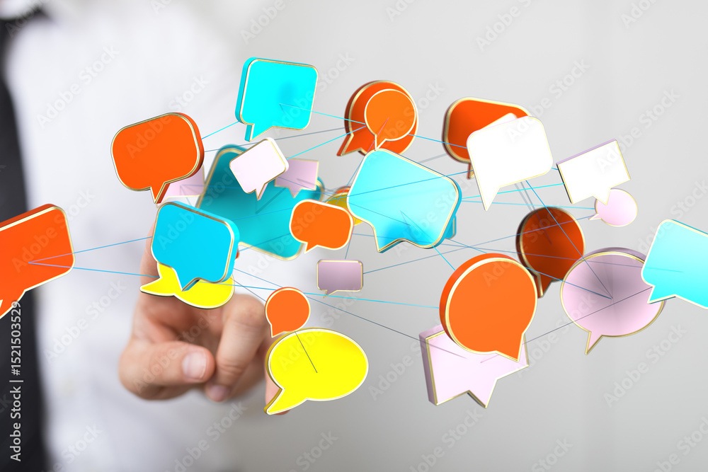 Poster Abstract image of colorful speech bubbles interconnected, symbolizing global communication and networking.
