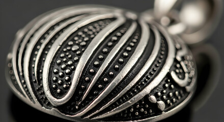 Elaborate Silver Pendant with Intricate Embossed Details Macro Shot