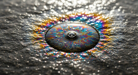 Iridescent Oil Slick On Wet Asphalt After Rainfall Creates Colorful Abstract