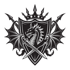 A heraldic dragon crest with swords and crown vector illustration