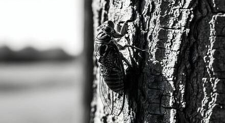 Empty Cicada Shell Clinging Tightly To The Rough Surface Of A Tree
