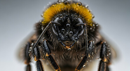 Detailed Close Up Of A Wet Bumblebee Covered With Water Droplets