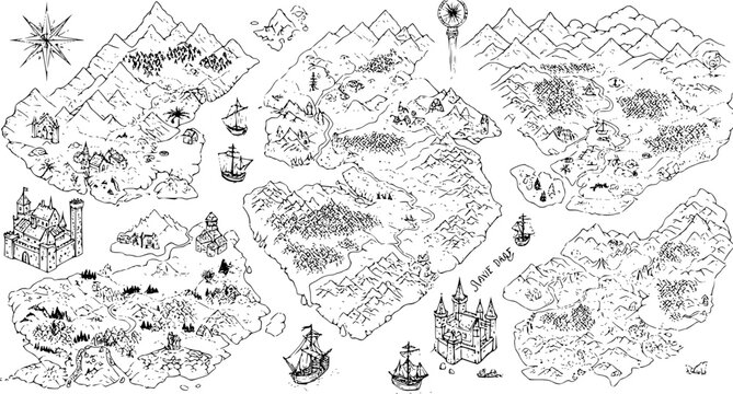 Fantasy map elements illustration, drawing, engraving, ink, line art, vector
