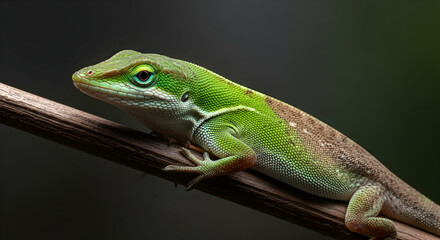Emerald Jewel Resting: A Green Anole Portrait on Delicate Branch