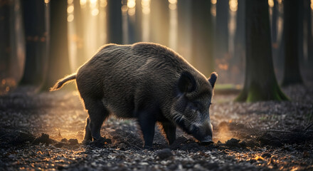 Wild Boar In The Mystical Forest Foraging In The Forest Floor