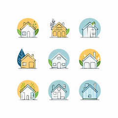 Vector set of abstract logo design templates in simple linear style - cozy home emblems, houses and plants stay at home - symbols for social media stories highlights and posts for interior stores