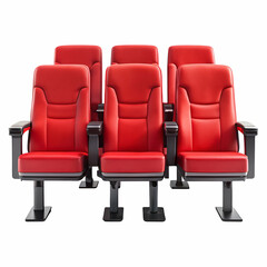 Fototapeta premium Red leather theatre chairs arranged in rows isolated on white background