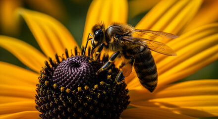 Honeybee Pollinating Black Eyed Susan Flower In Summertime Garden