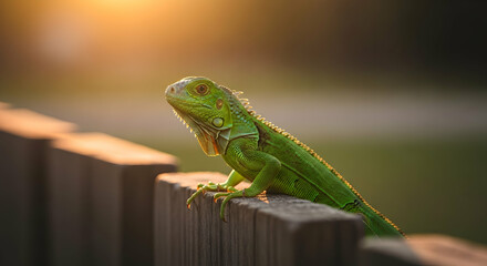 Green Iguana Basking in Evening Light on Wooden Fence