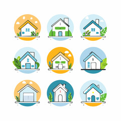 Vector set of abstract logo design templates in simple linear style - cozy home emblems, houses and plants stay at home - symbols for social media stories highlights and posts for interior stores