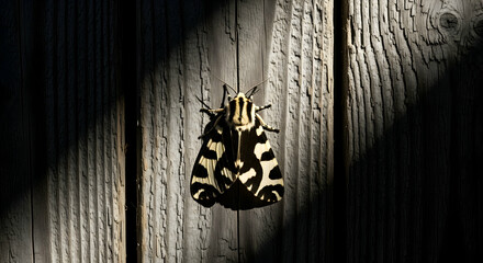 Striking Magpie Moth Resting On Rustic Wooden Surface Close Up