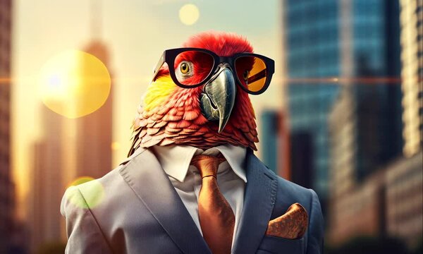 cool business parrot with sunglasses on city background animation