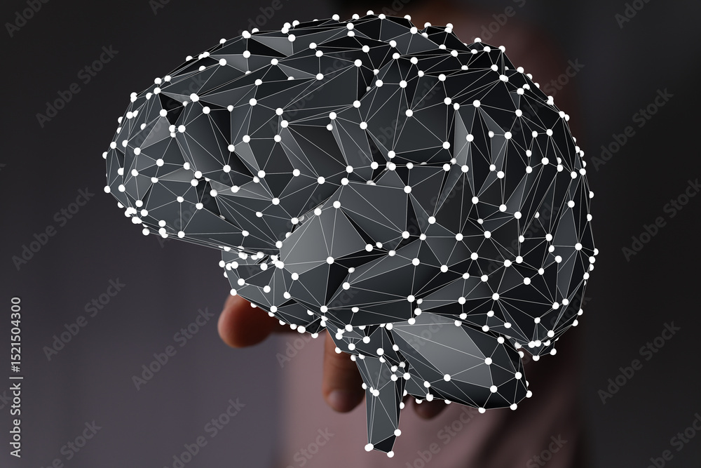 Aufkleber stock photo of a hand holding an abstract polygonal brain. perfect for ai, neural network, and techn
