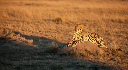 Elegant Cheetah Resting on a Mound in the African Savannah at Sunset