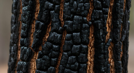 Intricate Patterns on Burnt Tree Trunk Showing the Effects of Wildfire