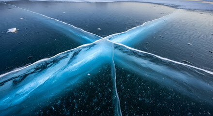 Frozen Lake Baikal: An Abstract Display of Crack Patterns On Blue Ice Surface