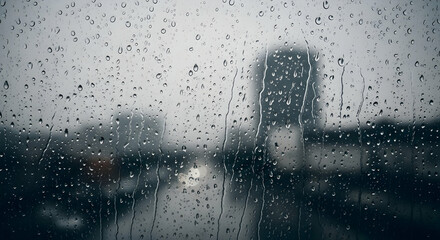 Obraz premium Urban Reflections A Misty View Of Cityscape Through Rainy Window