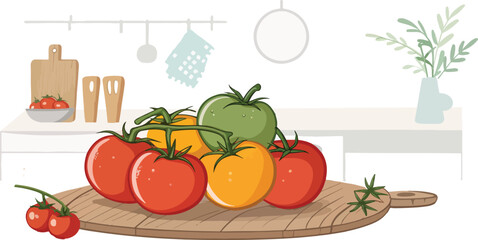 Red Tomato on Kitchen Tabletop Vector Illustration single