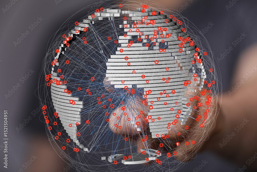 Aufkleber Abstract image of a digital world map with interconnected nodes, representing global communication and networking.