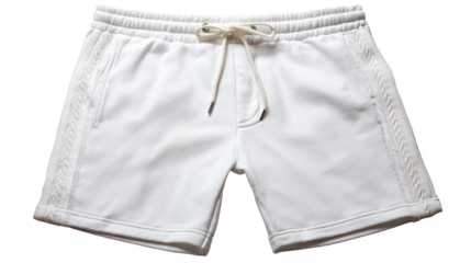 White casual shorts featuring a tone on tone stitch work along the sides, presented on a transparent background, perfect for showcasing summer fashion or sportswear designs
