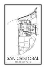 Hand drawn printable downtown road map poster of borough SAN CRISTÓBAL of the Spanish city of MADRID on solid white background with city name