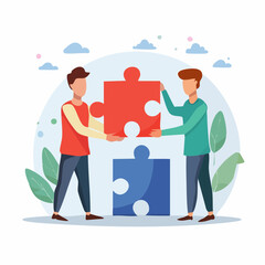 Vector illustration in simple flat style - teamwork and development concept - people holding abstract geometric shapes and puzzle pieces - organisation .
