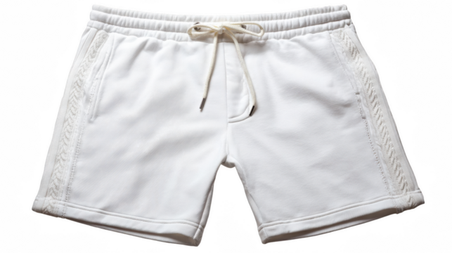 White casual shorts featuring a tone on tone stitch work along the sides, presented on a transparent background, perfect for showcasing summer fashion or sportswear designs