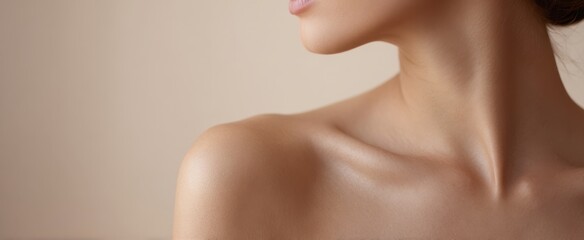 The elegant profile of a woman's shoulder and neck in soft lighting.