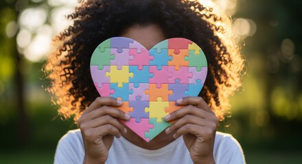 African American woman holding a colorful heart shaped puzzle in front of her face outdoors, World Autism Awareness Day.
