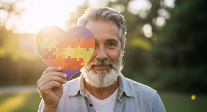 A man with a gray beard holding a colorful puzzle heart over his eye, representing autism awareness and inclusion.
