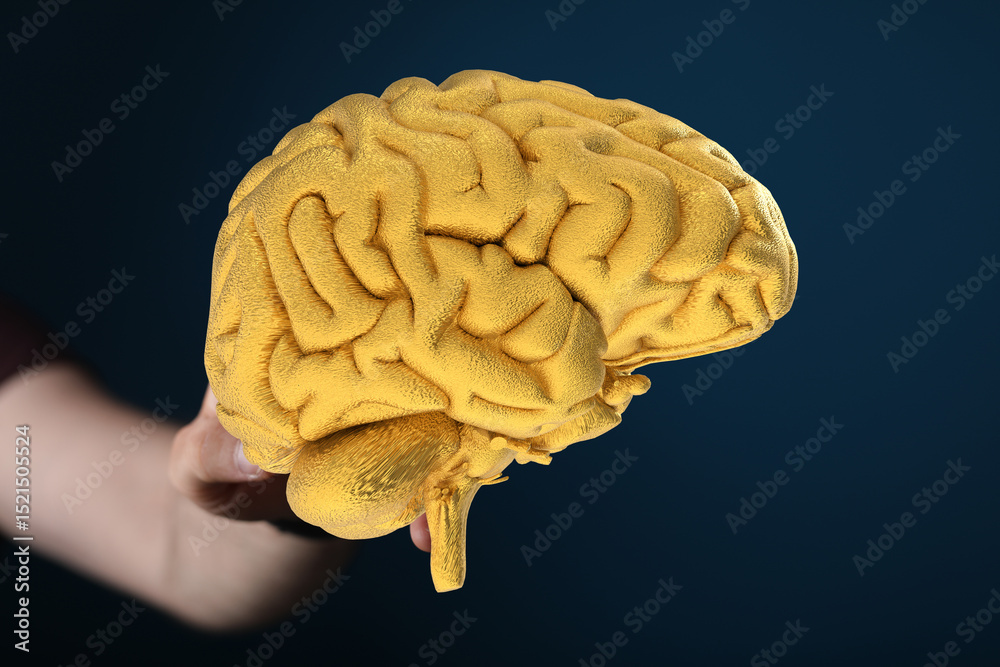 Poster high-quality stock photo of a golden brain held in a hand, symbolizing intellect and creativity.