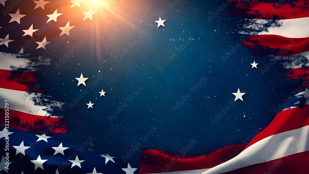 Fototapete 4th of july text set against a blue bokeh lights texture and american flags