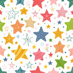 Vector seamless pattern with hand drawn stars, design elements, badges, stickers, geometric figures - abstract background elements for branding, packaging, prints and social media