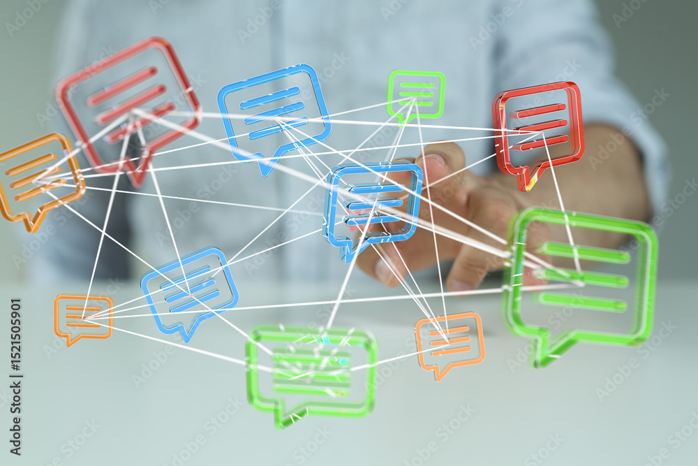 Poster visual representation of interconnected global communication and messaging.